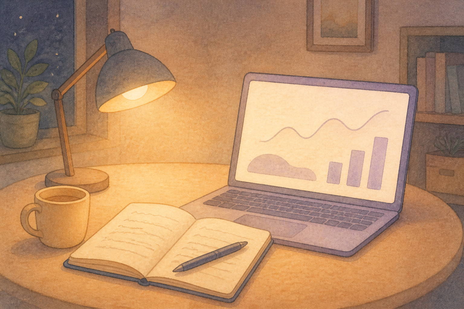 夜のデスクでノートPCとノートを広げて学習している雰囲気のイラスト